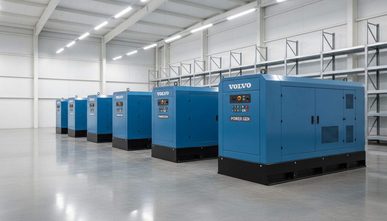 A row of pristine Volvo Eicher diesel generators in steel-blue casing, arranged symmetrically in a spotless, well-lit storage facility. The polished concrete floor reflects soft, even artificial lighting from overhead LED panels, casting barely-there shadows. The background is composed of clean white structural walls with organized storage racks, creating a sense of order and efficiency. The balanced, eye-level composition emphasizes clarity and structure. The overall atmosphere is corporate and methodical, exuding trustworthiness and expertise, with a crisp photographic style that feels both modern and highly professional.