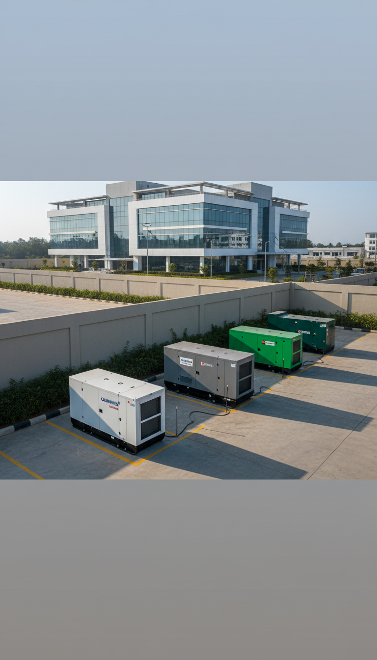 A broad, panoramic shot of a contemporary diesel generator installation situated outside a modern Kerala business complex. Multiple generator units, including Cummins, Volvo Eicher, and Ashok Leyland, are arranged on a neatly paved service area, bordered by well-trimmed hedges and a neutral tone perimeter wall. Subtle early morning natural light creates balanced contrasts and casts soft, elongated shadows. The image is captured from a high, wide-angle perspective, providing clarity and a sense of facility scale. The mood is calm, efficient, and structured, with sharp detail and a clean, corporate photographic style that fosters confidence in the service quality.