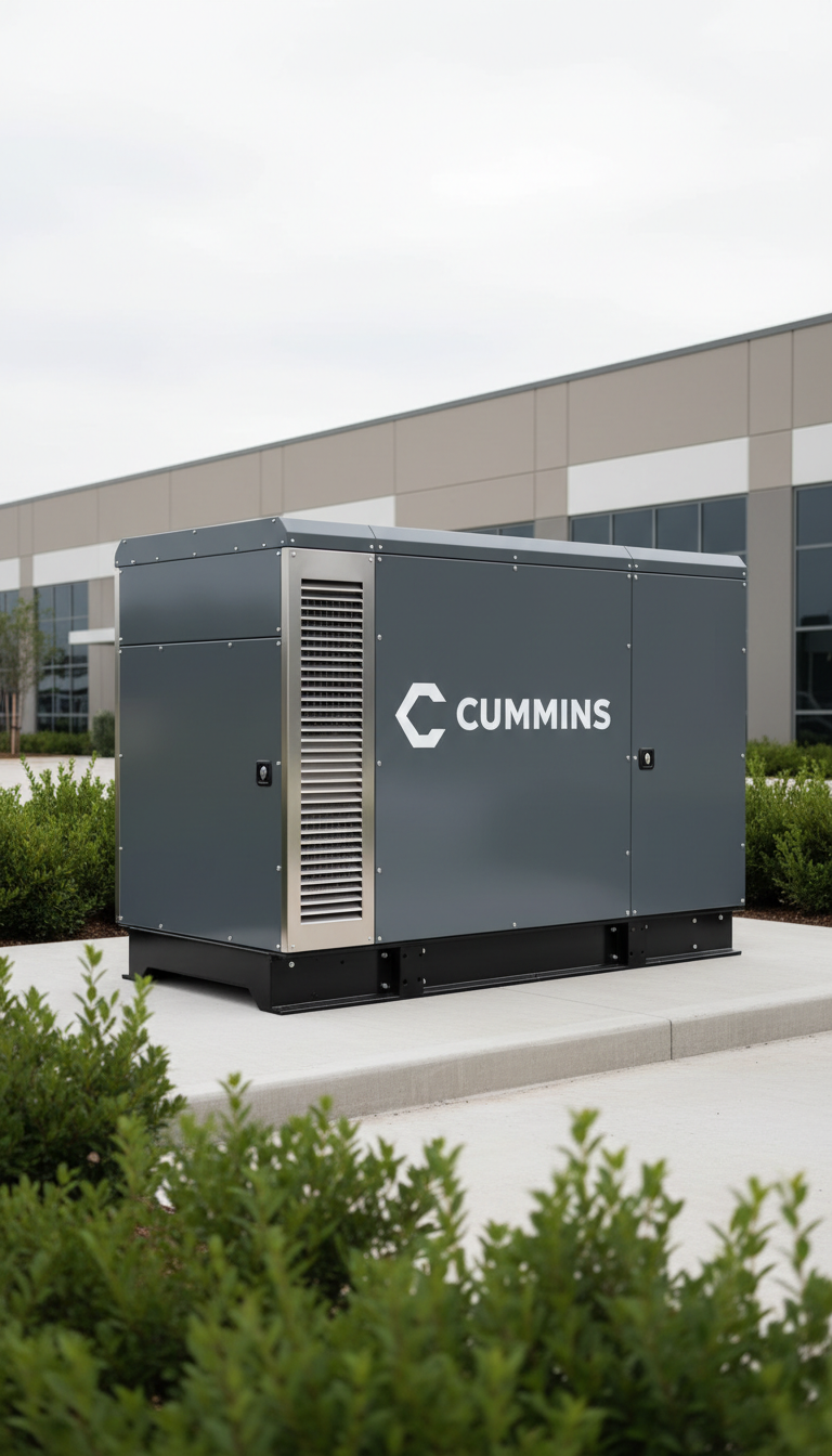 A state-of-the-art Cummins diesel generator with matte grey housing, prominent brand logo, and finely detailed metallic vents, sits on a neatly maintained concrete pad outdoors. The environment features manicured hedges and a low industrial building in the neutral background, all under an overcast sky with soft, diffused daylight. Subtle reflections and gentle ambient shadows highlight the generator’s sleek lines and robust structure. The mood is professional and reliable, emphasizing cutting-edge technology and operational excellence. Photographed from a slightly elevated three-quarter angle with sharp focus throughout for a corporate, clean, photographic realism that aligns perfectly with a modern business website.